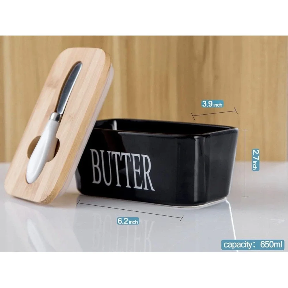 Black Butter Dish with Bamboo Lid andBlack Butter Dish with Bamboo Lid and Knife